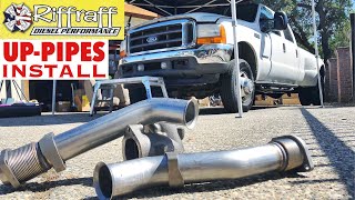 2001 F350 73  RiffRaff UpPipes Install  Stock up pipes leaking and falling apart JUNK SP [upl. by Noivaz]